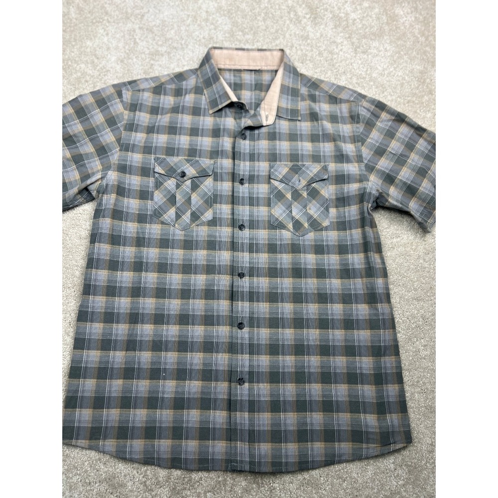 Men's Casual Button-Up Shirt Plaid Grey‎ Green Tan White Short Sleeve M